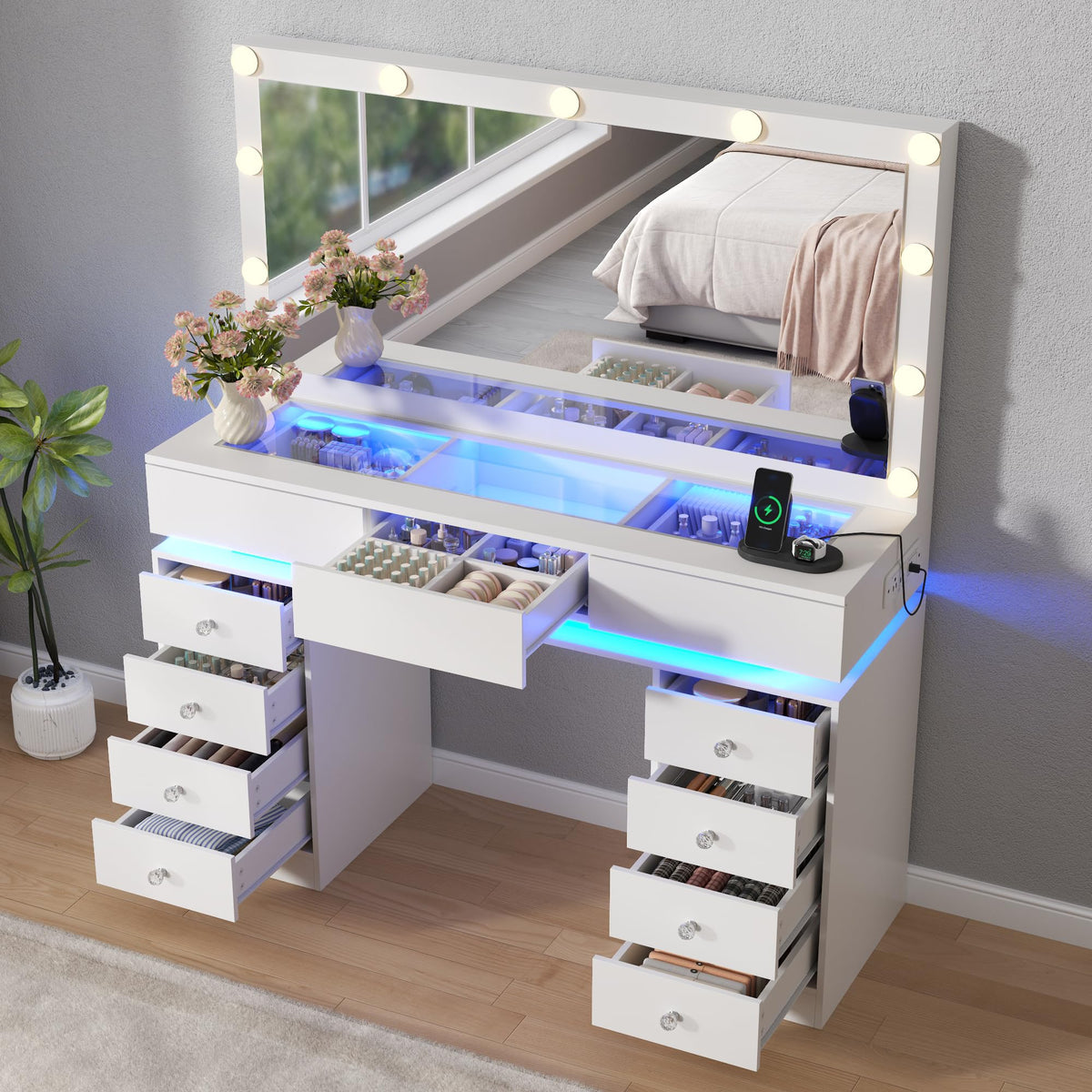 47" Vanity Desk with Lighted Mirror, Black Makeup Table with Glass Top