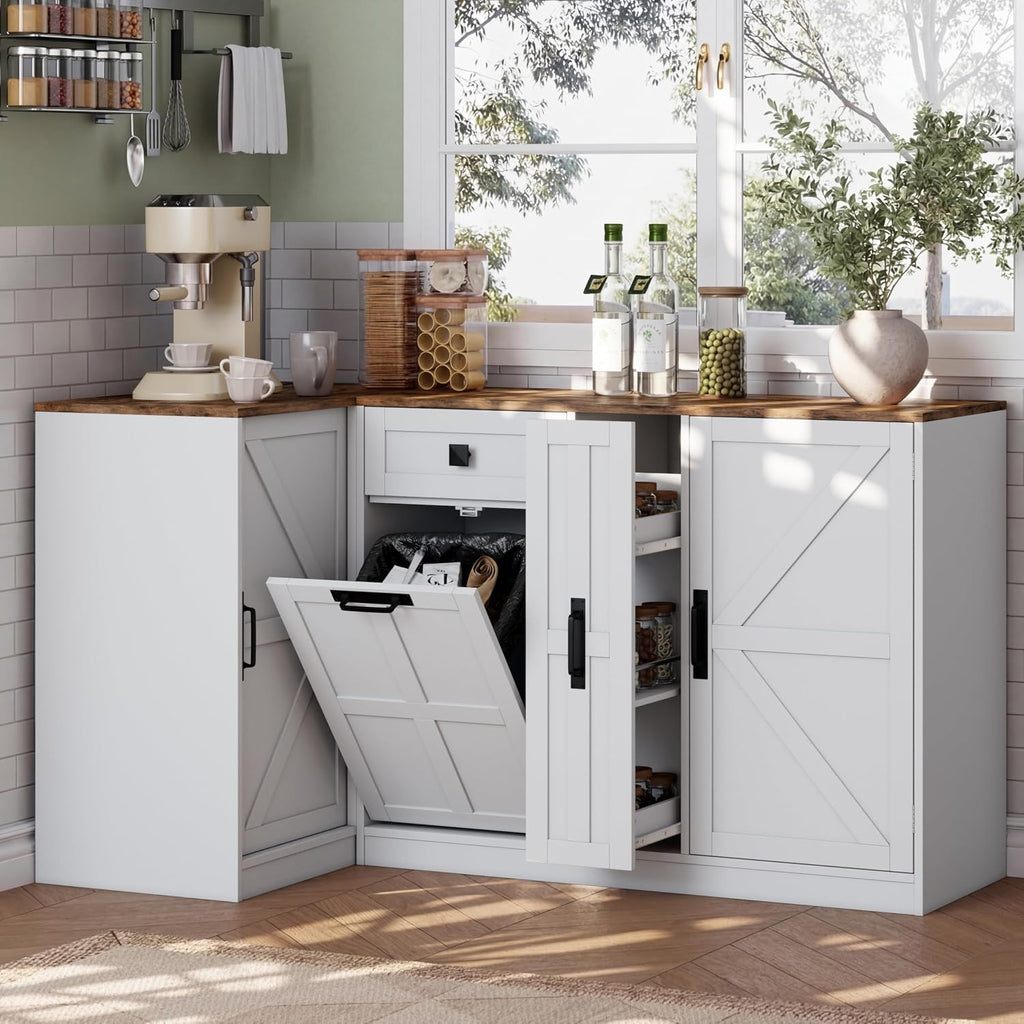 Corner Cabinet with Countertop, Kitchen Pantry Cabinet with Hidden Trash Storage Cabinet & 3-Tier Spice Rack, Farmhouse L-Shaped Sideboard with Doors & Adjustable Shelf for Dining Room, White