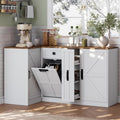Corner Cabinet with Countertop, Kitchen Pantry Cabinet with Hidden Trash Storage Cabinet & 3-Tier Spice Rack, Farmhouse L-Shaped Sideboard with Doors & Adjustable Shelf for Dining Room, White