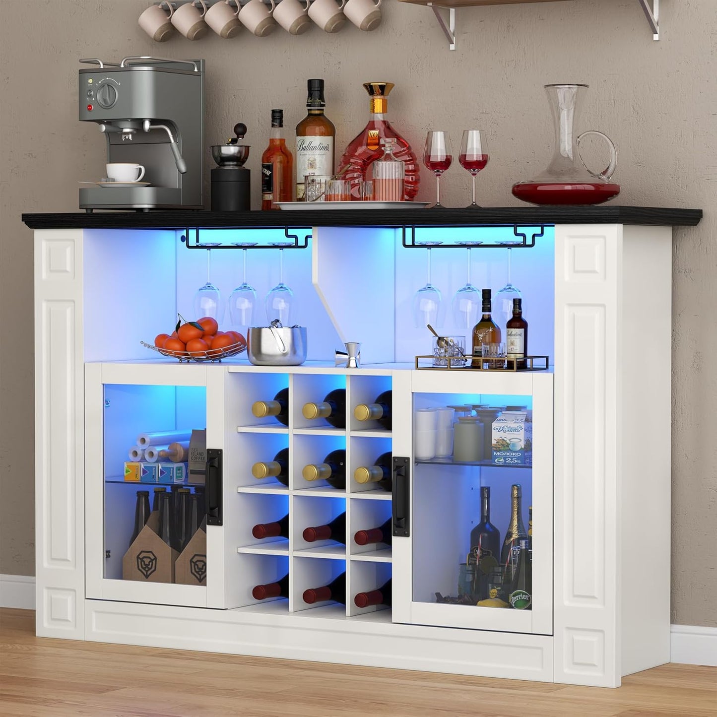 Wine Bar Cabinet with LED Light, Kitchen Coffee Bar Cabinet with Glass Rack and Removable Wine Racks, Liquor Cabinet with Glass Door, Home Bar with Storage for Dining Room, Living Room