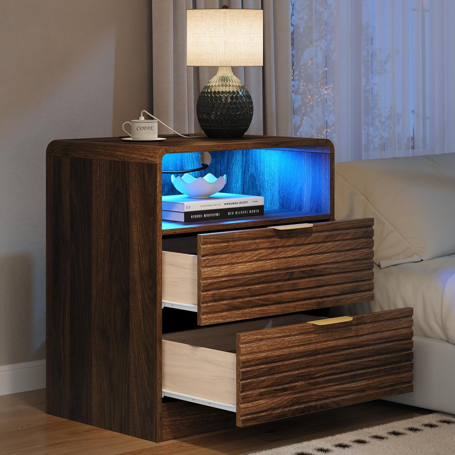 Fluted Nightstand with Charging Station & LED Lights, 2-Drawer White Bedside Table with Open Shelf