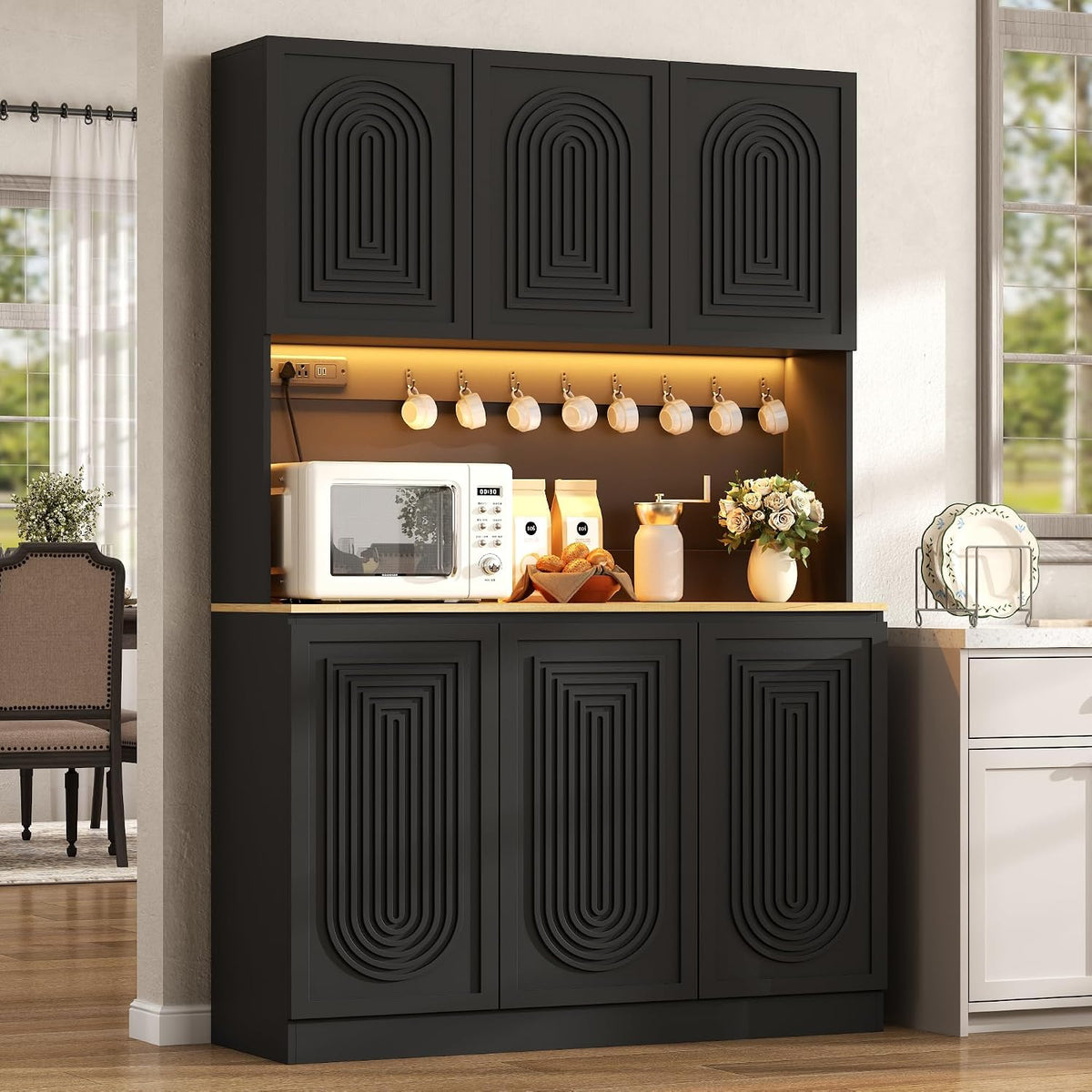 71" Black Kitchen Pantry with Power Outlet, Kitchen Hutch with LED Light