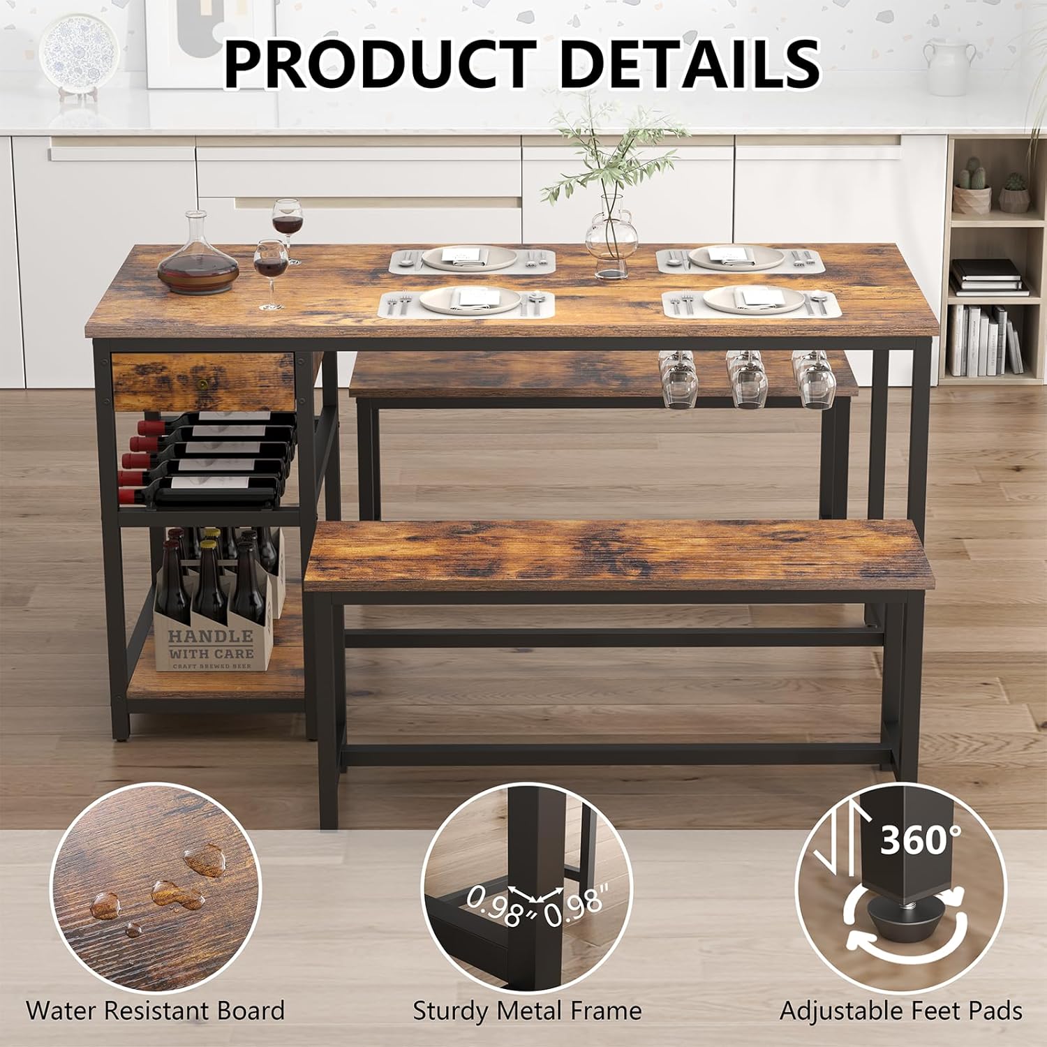 Dining Table Set for 4-6 People, 54.7" Kitchen Dinner Table with 2 Bench, Dining Room Tables Set with Storage Drawer & Shelf, 3-Piece Breakfast Nook Tables with Wine Rack &Glass Holder (Rustic)