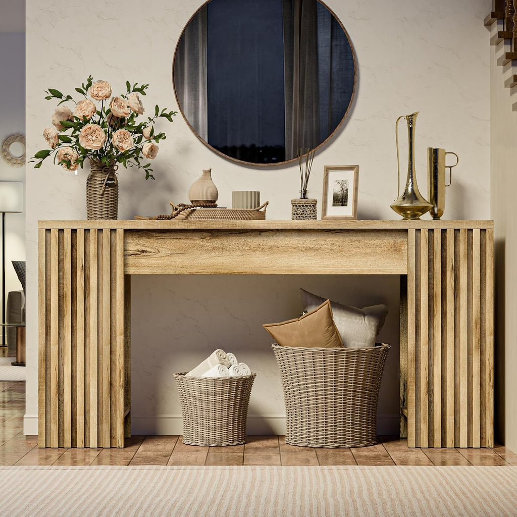 63" Fluted Long Console Table, Farmhouse Entryway Table with Storage Shelf