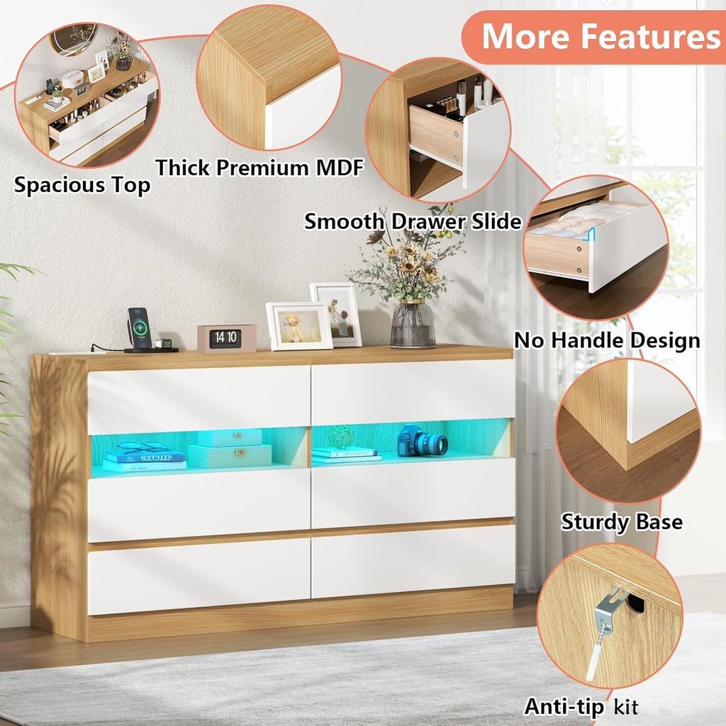 6 Drawer Dresser with Power Outlet & LED Light, Modern Chest of Drawers with 2 Open Cubbies, Double Wide Drawer Dresser Organizer, TV Stand for Bedroom, Entryway (White & Light Wood)