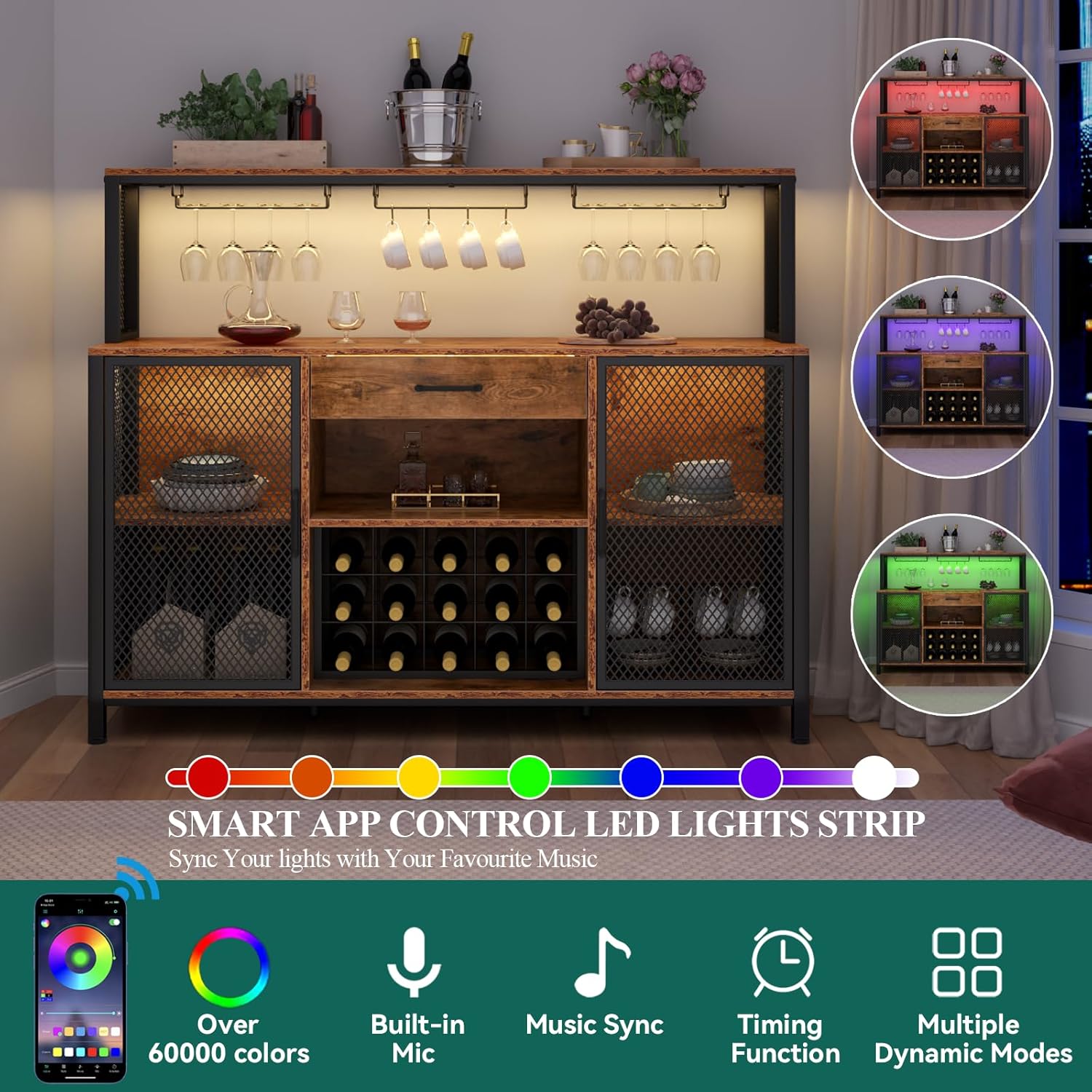 Wine Bar Cabinet with Drawer and LED Lights, 55 Inches Industry Coffee Bar Cabinet with Wine Rack and Glass Goblet Holder, Kitchen Sideboard Buffet Cabinet for Liquor and Goblet