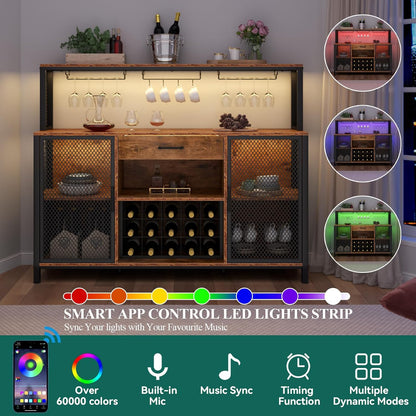 Wine Bar Cabinet with Drawer and LED Lights, 55 Inches Industry Coffee Bar Cabinet with Wine Rack and Glass Goblet Holder, Kitchen Sideboard Buffet Cabinet for Liquor and Goblet