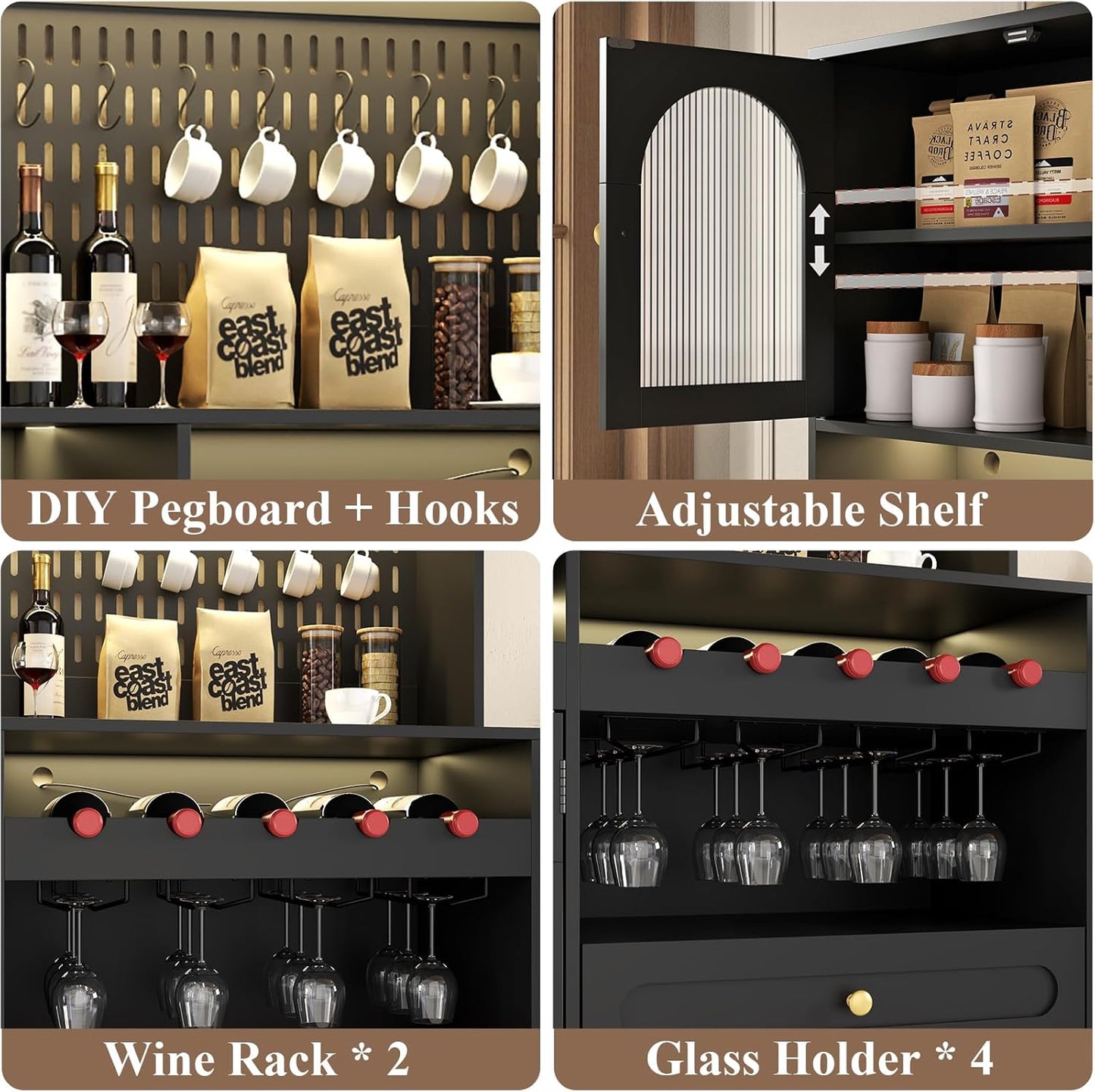 71'' Tall Kitchen Pantry Storage Cabinet, Large Black Pantry Cabinet with Wine & Glass Rack, 47'' Extra Wide LED Pantries with DIY Pegboard & Drawers & Doors, Modern Kitchen Hutch with Countertop