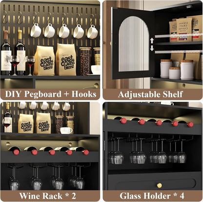 71'' Tall Kitchen Pantry Storage Cabinet, Large Black Pantry Cabinet with Wine & Glass Rack, 47'' Extra Wide LED Pantries with DIY Pegboard & Drawers & Doors, Modern Kitchen Hutch with Countertop