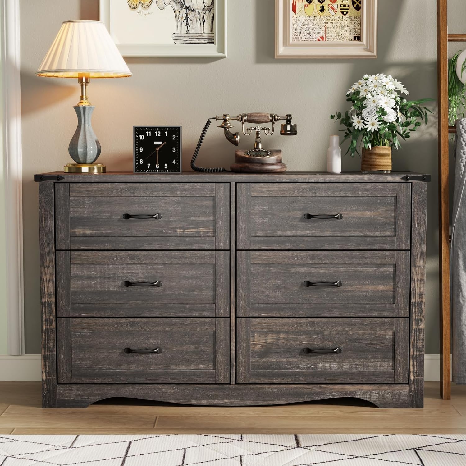 Farmhouse Dresser for Bedroom, Chest of Drawers with Natural Texture, Accent Storage Cabinet for Closet,Living Room (Dark Rustic Oak, 15.7" D x 46.4" W x 30.8" H(6 Drawers))
