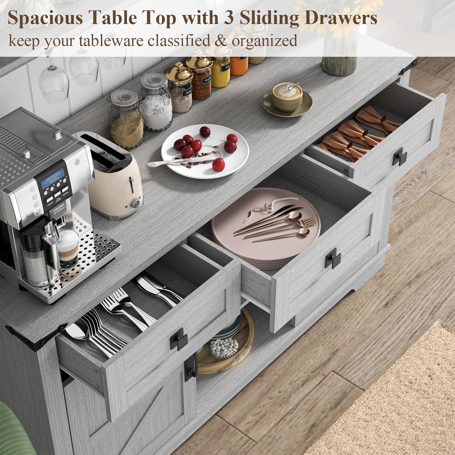 Farmhouse Bar Cabinet with Hutch, Kitchen Buffet Cabinet with Storage Cabinet & 3 Sliding Drawers, Adjustable Shelf, Goblet Holder, Cup Hooks for Living Room, Dining Room Use (Grey)