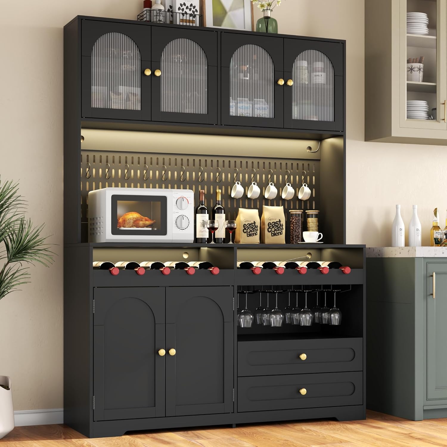 71'' Tall Kitchen Pantry Storage Cabinet, Large Black Pantry Cabinet with Wine & Glass Rack, 47'' Extra Wide LED Pantries with DIY Pegboard & Drawers & Doors, Modern Kitchen Hutch with Countertop