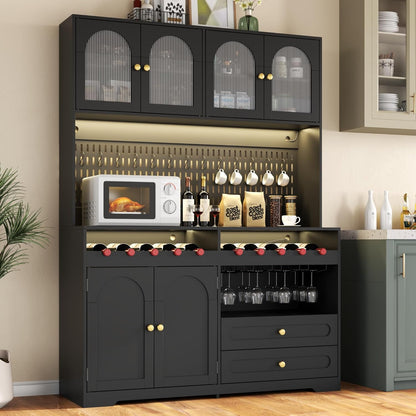 71'' Tall Kitchen Pantry Storage Cabinet, Large Black Pantry Cabinet with Wine & Glass Rack, 47'' Extra Wide LED Pantries with DIY Pegboard & Drawers & Doors, Modern Kitchen Hutch with Countertop
