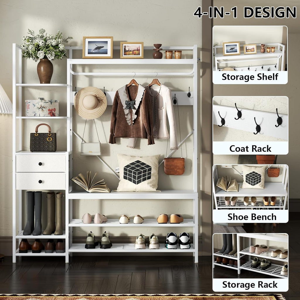 7-in-1 Hall Tree with Bench and Shoe Storage for Entryway, Entryway Bench with Coat Rack, Storage Shelves, Shoe Race, Coat Hooks and 2 Fabric Drawers for Hallway(White)