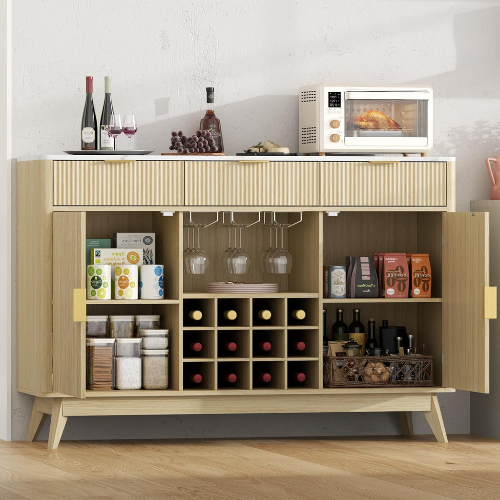 Wine Bar Cabinet with 3 Drawers，Home Liquor Cabinets with Wine and Glasss Rack, Fluted Coffee Bar Cabinet with Adjustable Shelves, Buffet Sideboard for Kitchen,Living Room, Dining Room, Entryway