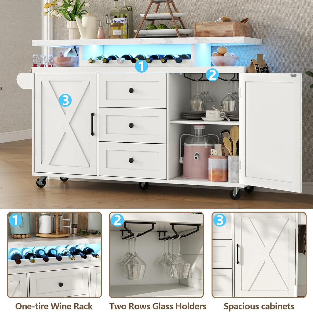 Kitchen Island with Storage, 55" Kitchen Island on Wheels with LED Lights & 3 Drawers,Rolling Kitchen Cart with Spice Rack & Towel Rack, Large Mobile Islands Table for Kitchen, White