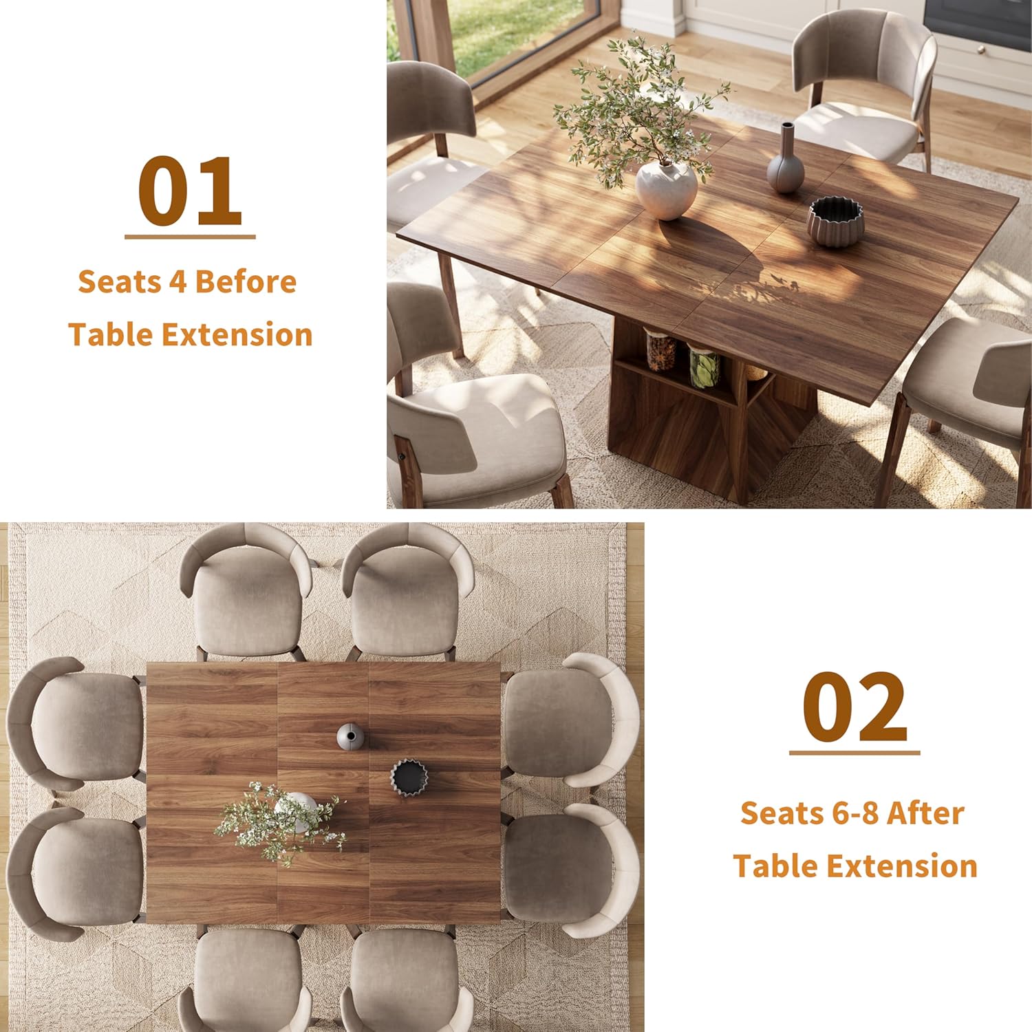 40"-54" Extendable Dining Table for 4/6/8, Modern Kitchen Table with Storage Shelf & Foot Support, Farmhouse Wood Dining Table for Living Room, Kitchen, Home, Office, Walnut