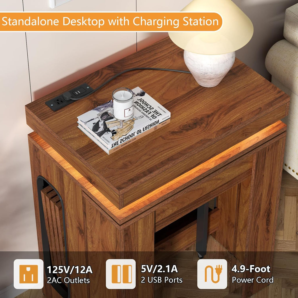 Extendable Dining Table with Charging Station, Convertible Folding Console Table for 6-8 People, Space-Saving Dining Table with LED Lights, Wood Rectangle Kitchen Table for Homes, Walnut (No Chairs)
