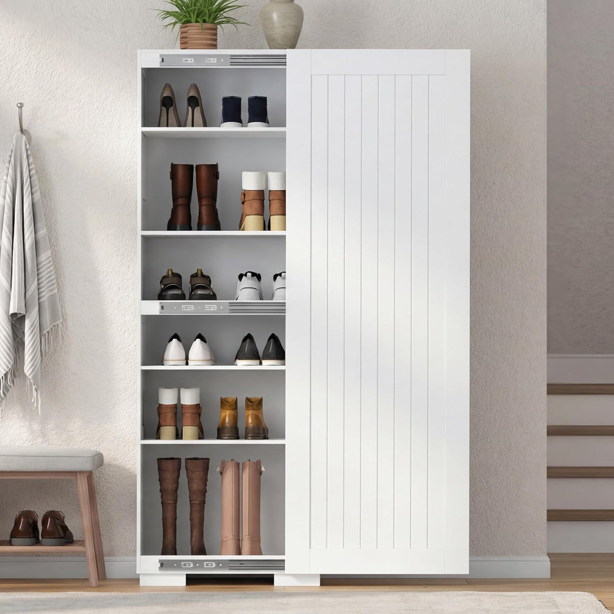 Shoe Storage Cabinet, Tall Shoes Cabinets with Doors, Shoe Organizer Cabinets with Adjustable Shelves, Freestanding Shoe Rack Cabinet with Hooks, Morden Shoe Cabinet storage for Entryway, Hallway