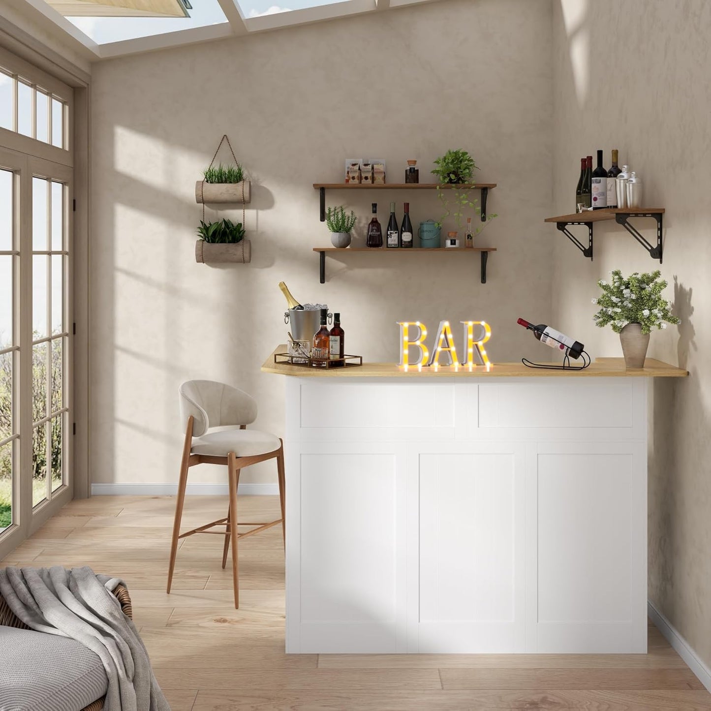 Bar Cabinet, L-Shaped Home Bar Table with Drawers and Doors, Corner Bar Unit with Stemware Racks, Liquor Wine Bar Cabinet with Storage Shelves for Home Pub