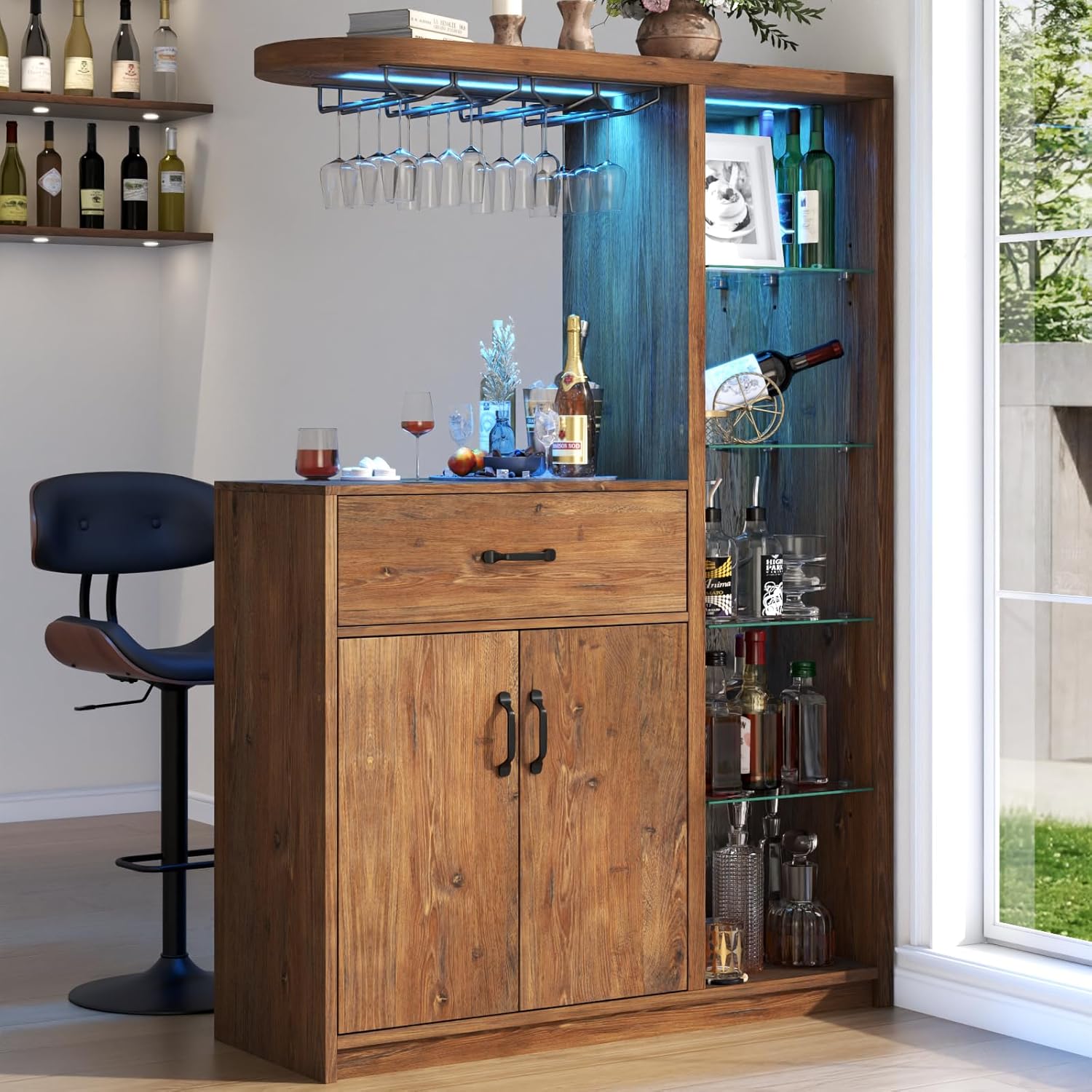 Bar Cabinet with LED Light,Wine Cabinet with Wine Glass Holder,Liquor Cabinet with Glass Display Cabinet,Coffee Bar with Storage and 2 Drawers,Bar Island for Home Dining Room (Vintage Brown)