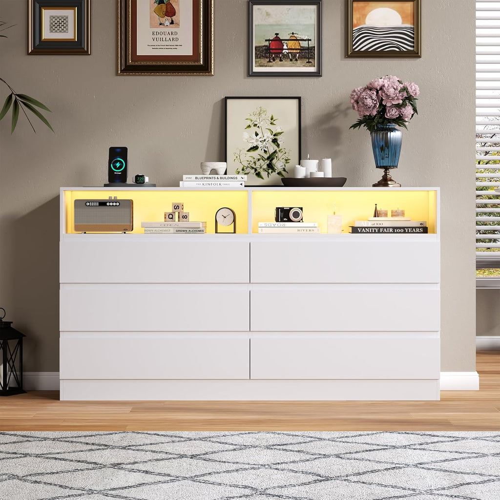 6 Drawer Dresser with Power Outlet, Modern White Dresser Chest of Drawers with LED Ligh, Wooden Dressers TV Stand, Double Wide Dressers Organizer for Bedroom, Living Room, Entryway