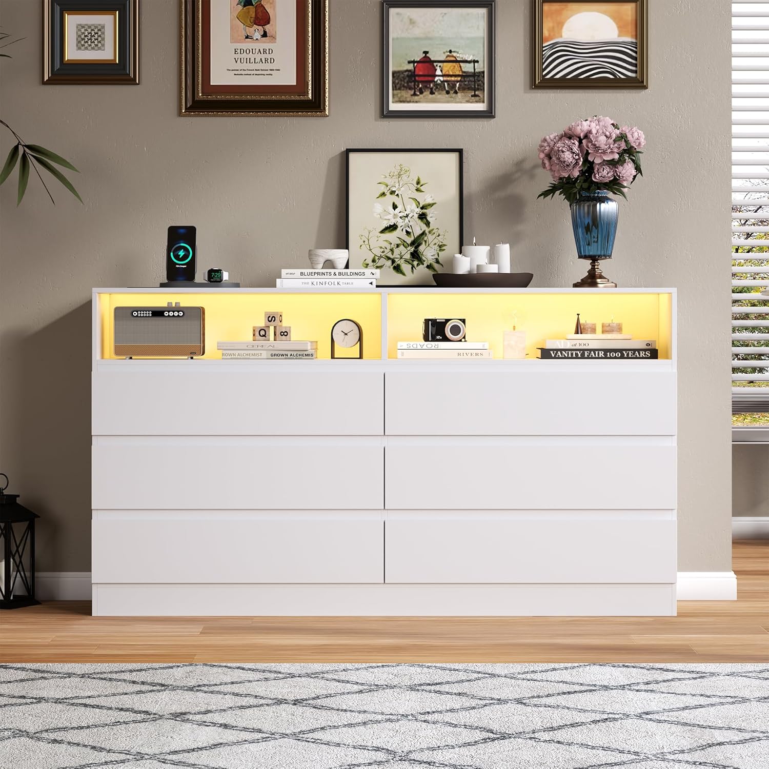 6 Drawer Dresser with Power Outlet, Modern White Dresser Chest of Drawers with LED Ligh, Wooden Dressers TV Stand, Double Wide Dressers Organizer for Bedroom, Living Room, Entryway