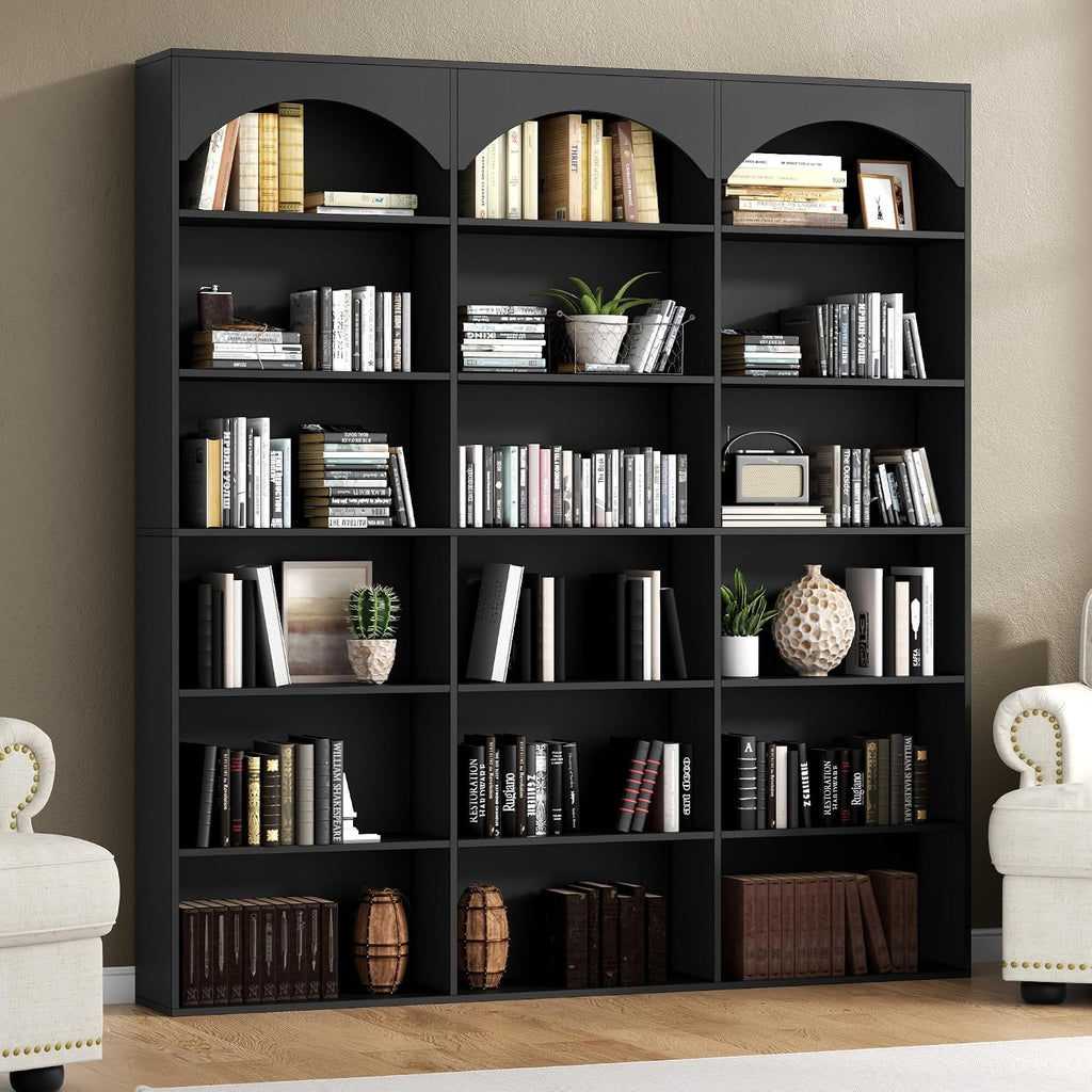 Gyfimoie 71’’ Triple Wide Bookshelf and Bookcase, 7-Tier Tall Arched Bookcase Modern Large Open Display Shelves with Curved Baffle for Home Office Living Room (Black, 71‘’H x 59''W x 9.25''D)