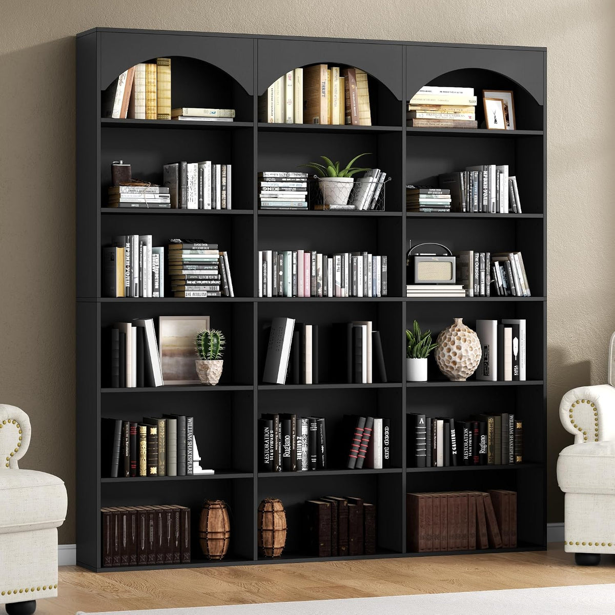 Gyfimoie 71’’ Triple Wide Bookshelf and Bookcase, 7-Tier Tall Arched Bookcase Modern Large Open Display Shelves with Curved Baffle for Home Office Living Room (Black, 71‘’H x 59''W x 9.25''D)