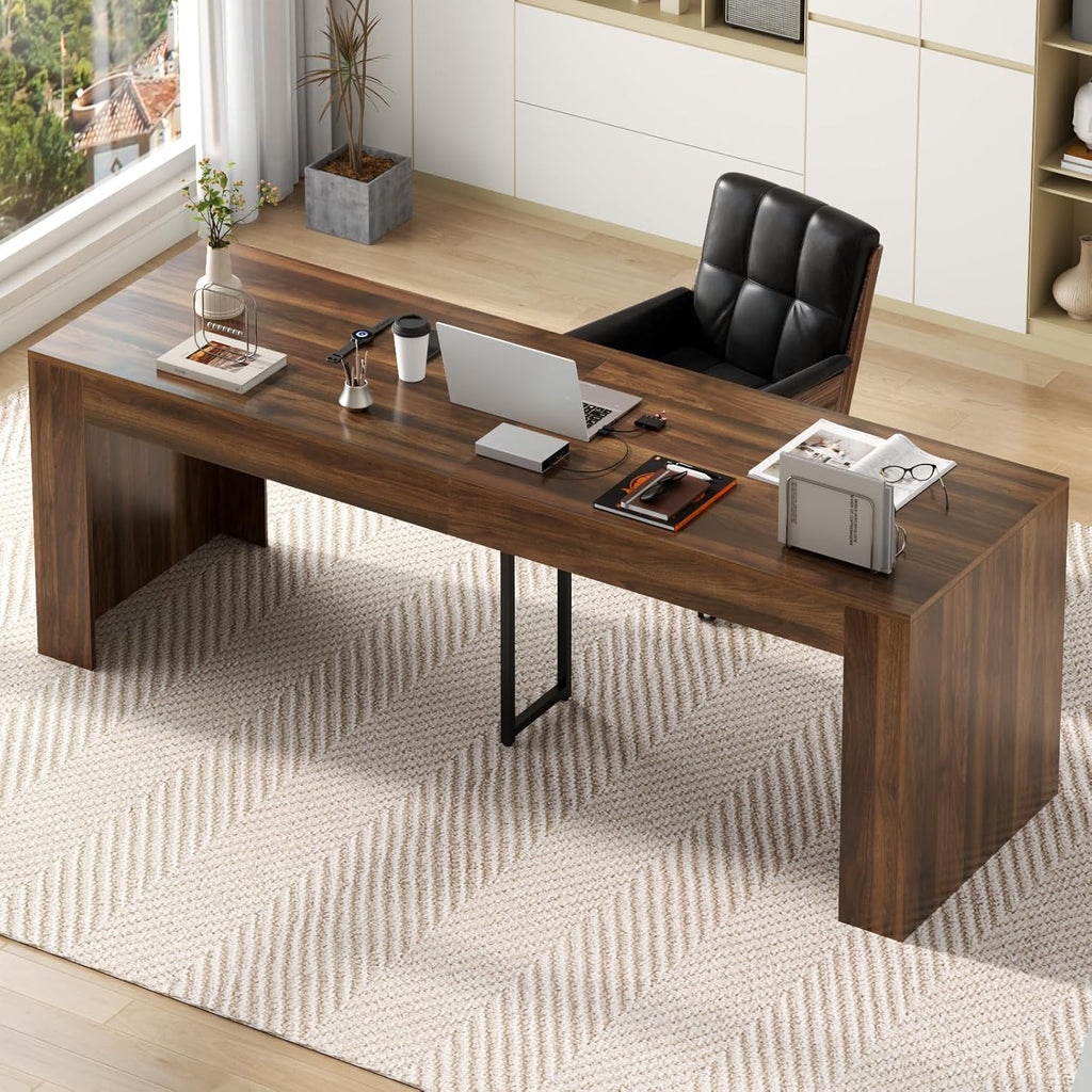 78.74" Executive Desk, Large Office Desk with 2 Drawer, Farmhouse Wooden Computer Desk Writing Table Conference Workstation Table for Office, Study, Dark Brown