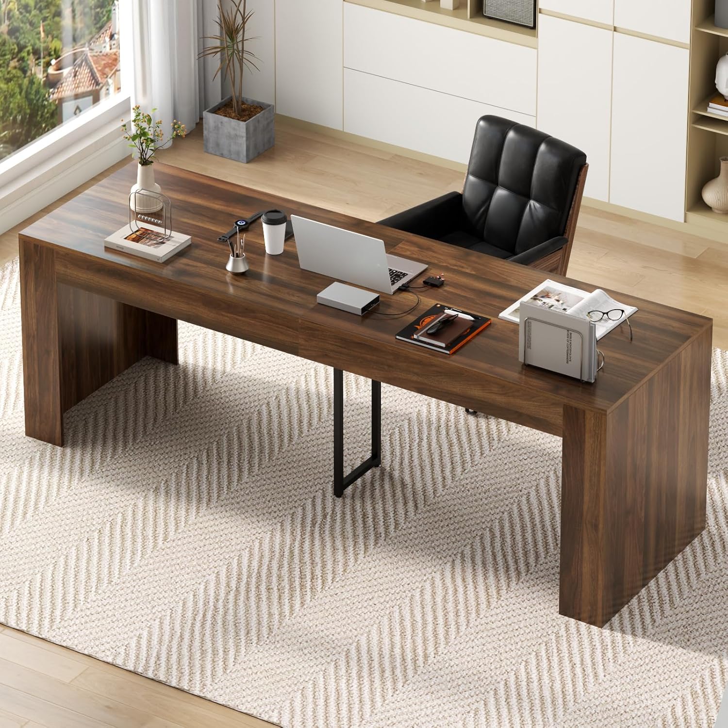 78.74" Executive Desk, Large Office Desk with 2 Drawer, Farmhouse Wooden Computer Desk Writing Table Conference Workstation Table for Office, Study, Dark Brown