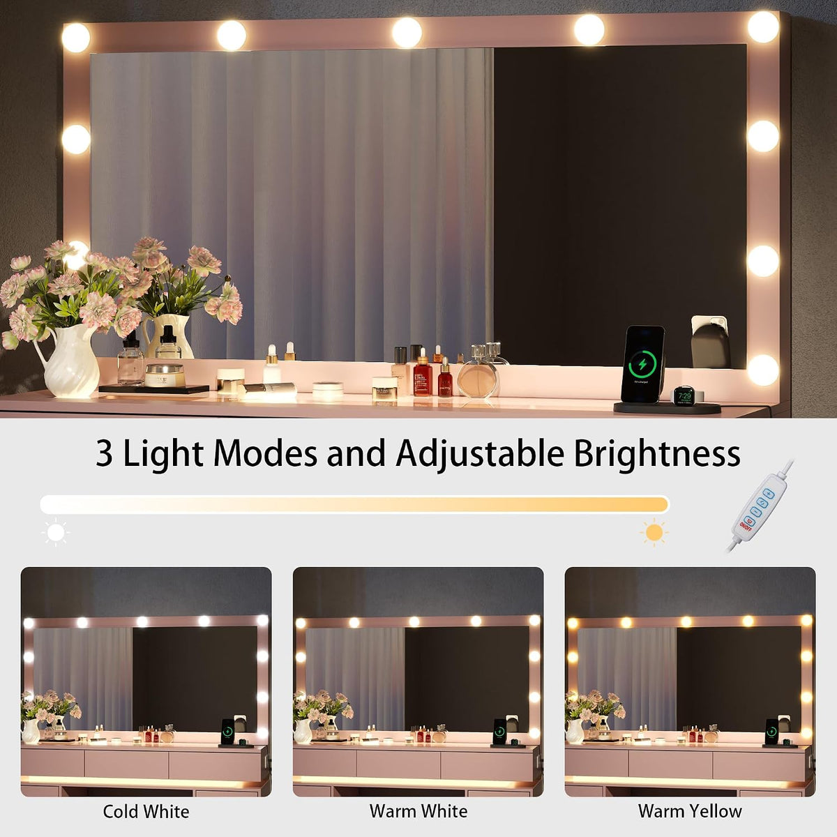 47" Vanity Desk with Mirror and Lights, Pink Makeup Table with Glass Top