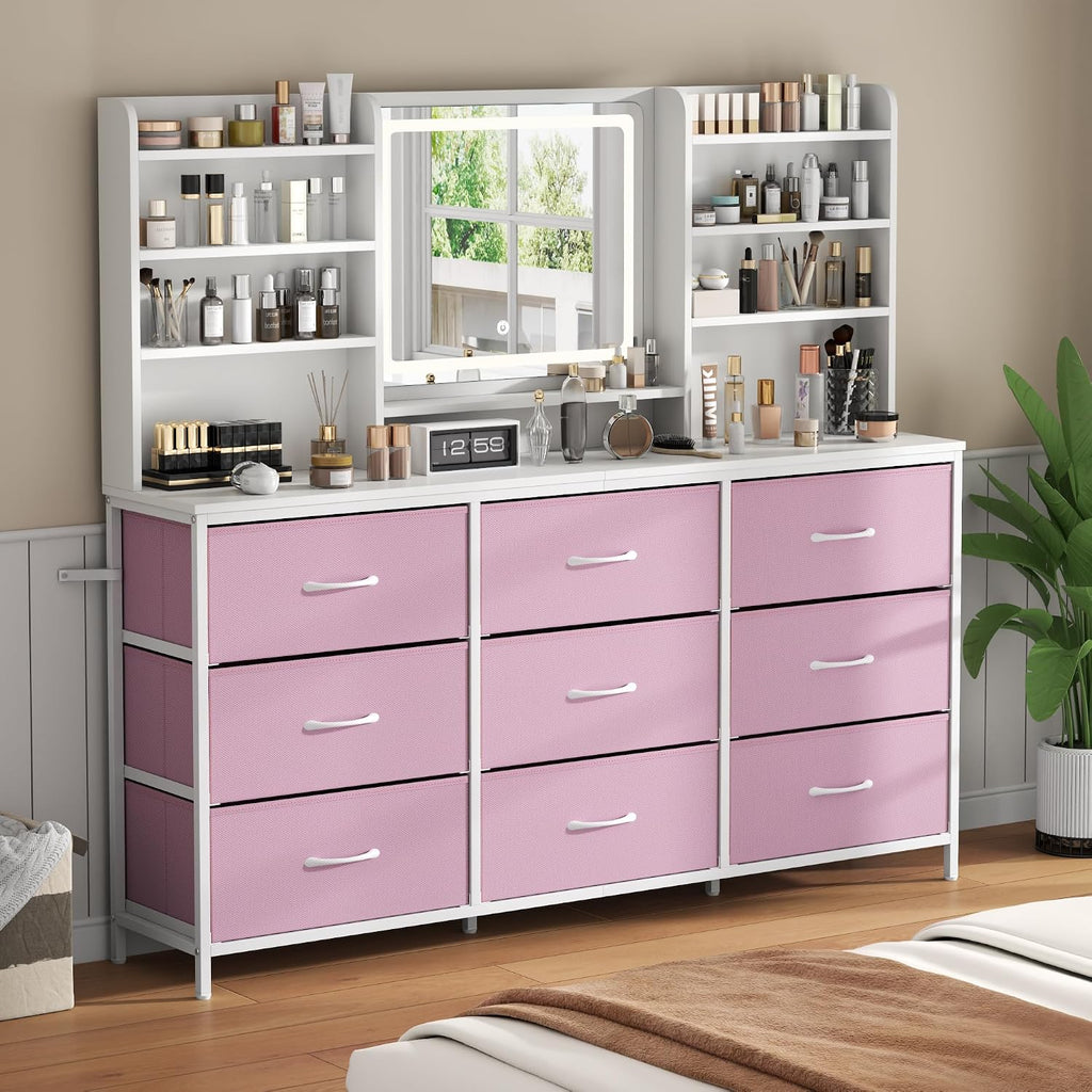 9 Drawers Dresser with LED Mirror for Bedroom, 59" W Chest of Drawers