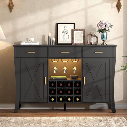 Wine Bar Cabinet with LED Light,Farmhous Liquor cabinet with Wine and Glass Rack,Coffee Station with Storage cabinet and 3 drawers,Buffet Sideboard with Arc Design for Kitchen,living room (Black)