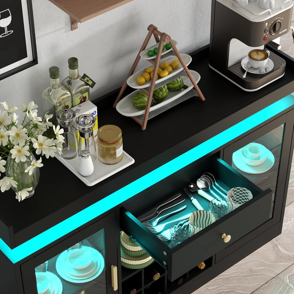 Wine Bar Cabinet with Led, Black Liquor Cabinet with Wine & Glass Rack
