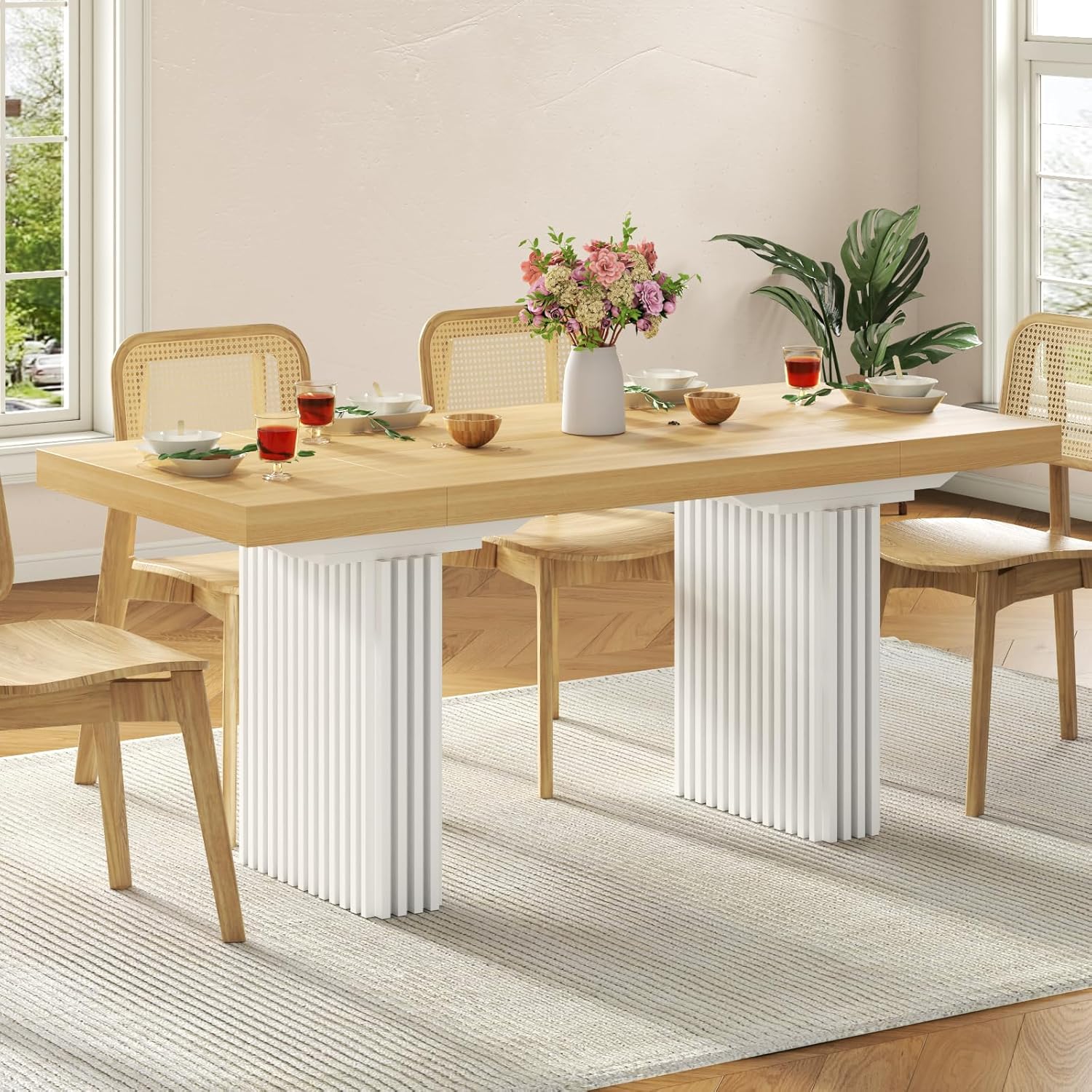 71" Large Dining Table for 6-8,Wood Dining Room Tables with Strip Base,Modern Rectangle Kitchen Table with Heavy Duty Legs for Kitchen, Dining Room (Natural)