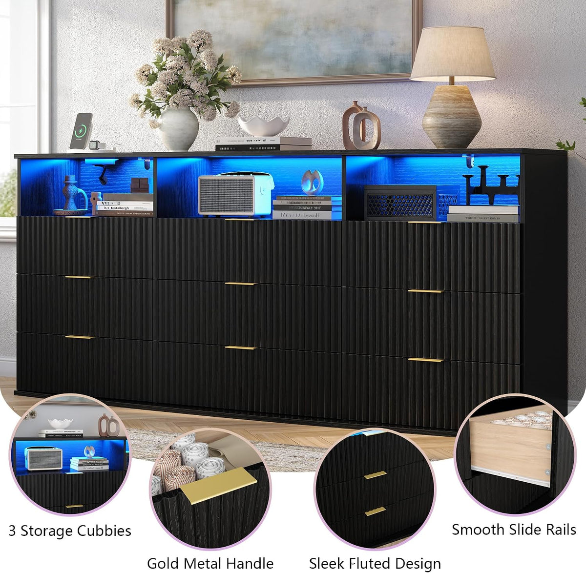 9-Drawer Dresser with 3 Open Cubbies,LED & Power Outlet for Bedroom