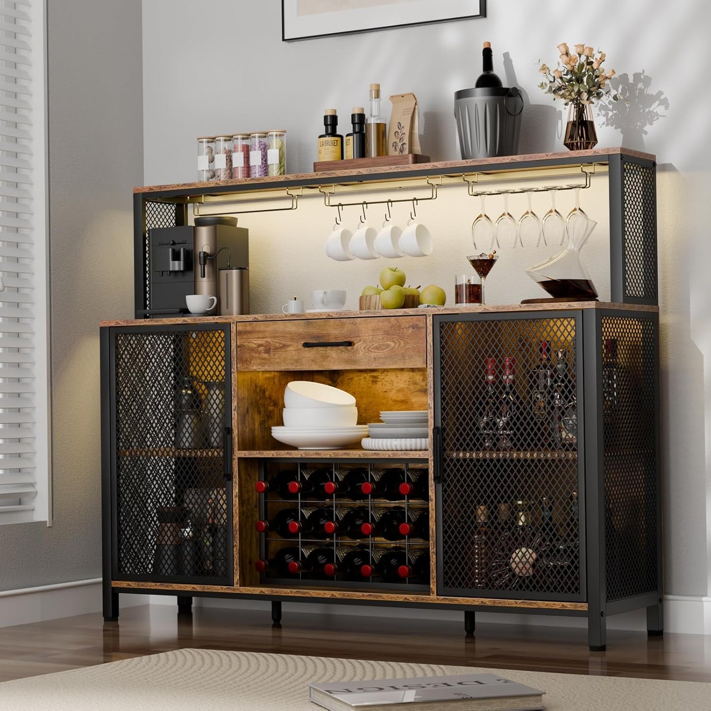 Wine Cabinet with Drawer, LED 55 Inches Industry Coffee Bar Cabinet with Wine Rack and Glass Goblet Holder, Kitchen Sideboard Buffet Cabinet for Liquor and Goblet (Rustic)