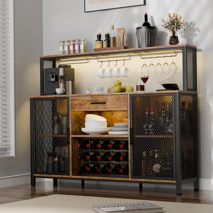 Wine Cabinet with Drawer, LED 55 Inches Industry Coffee Bar Cabinet with Wine Rack and Glass Goblet Holder, Kitchen Sideboard Buffet Cabinet for Liquor and Goblet (Rustic)