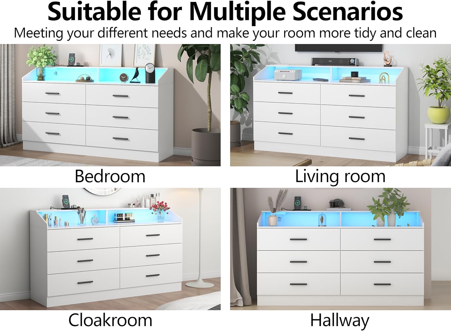 6 Drawer Dresser for Bedroom with Charging Station, Dresser with LED Light, Chest of Drawers for Closet, Modern Dressers with Open Storage Cubby, Double Wide Dressers (White, 6 Drawers)