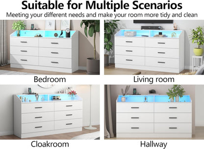 6 Drawer Dresser for Bedroom with Charging Station, Dresser with LED Light, Chest of Drawers for Closet, Modern Dressers with Open Storage Cubby, Double Wide Dressers (White, 6 Drawers)