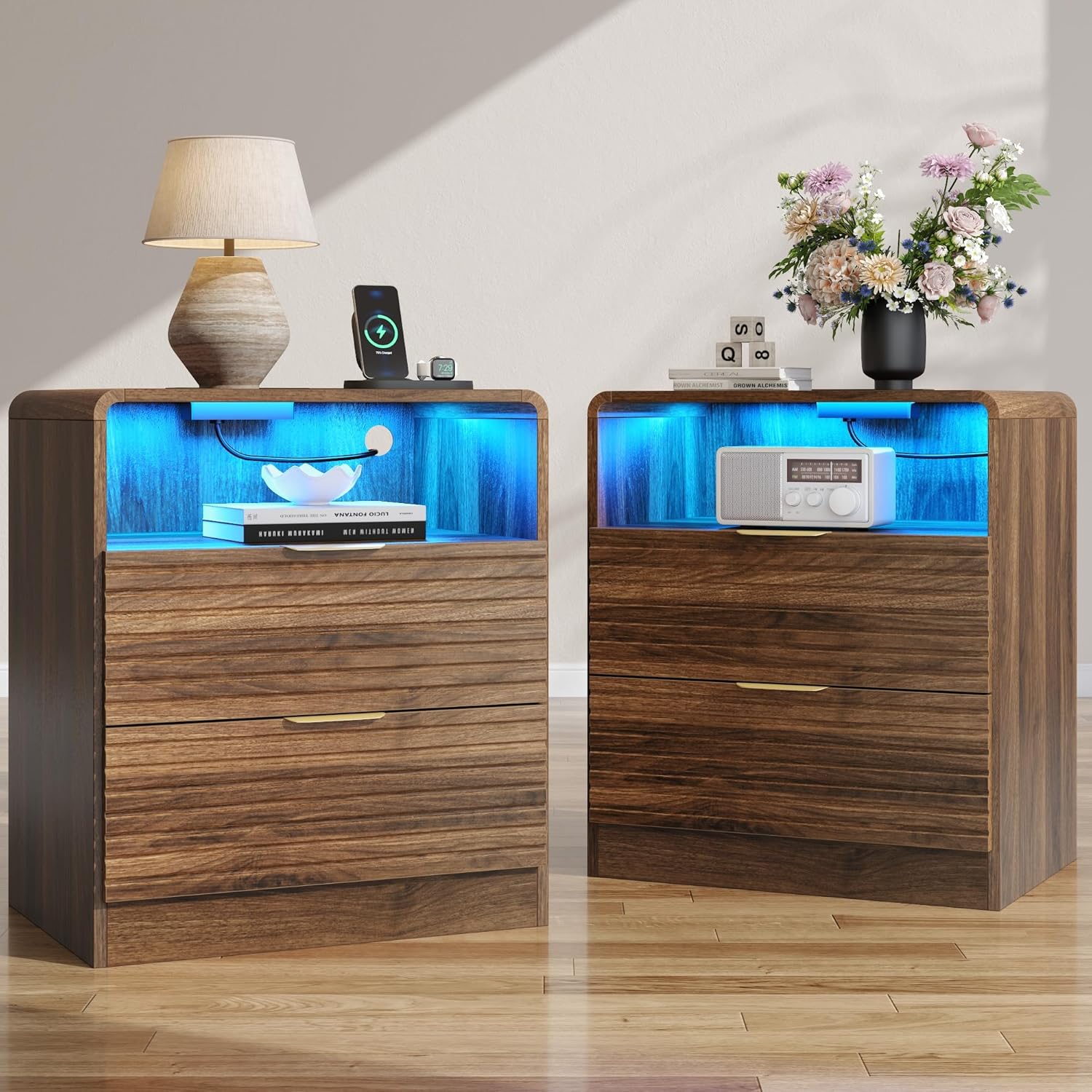 Fluted Nightstand with Charging Station & LED Lights, 2-Drawer White Bedside Table with Open Shelf