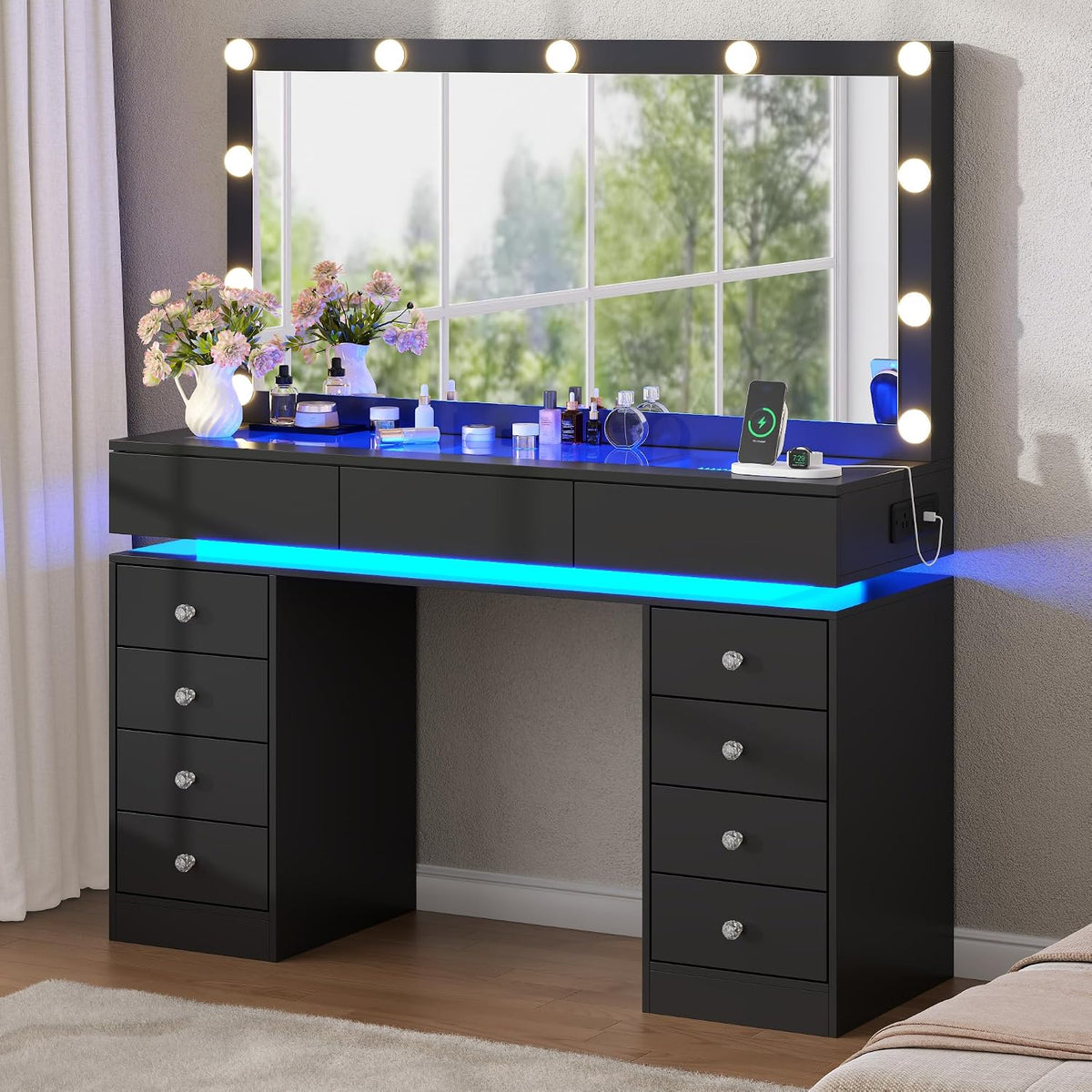47" Vanity Desk with Lighted Mirror, Black Makeup Table with Glass Top