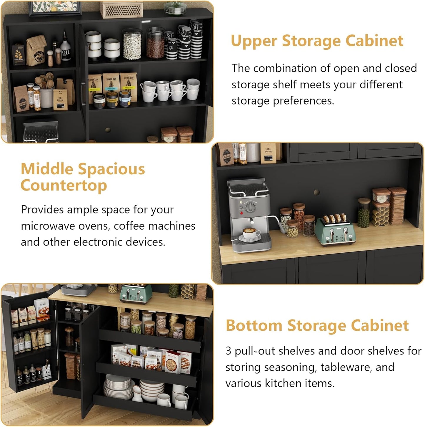 71" Tall kitchen Pantry Storage Cabinet, Modern Kitchen Hutch with 3 Pull-out Drawers, Kitchen Pantries with Microwave Stand & Door Shelf, Food Pantry with Adjustable Shelves for Dining Room (Black)