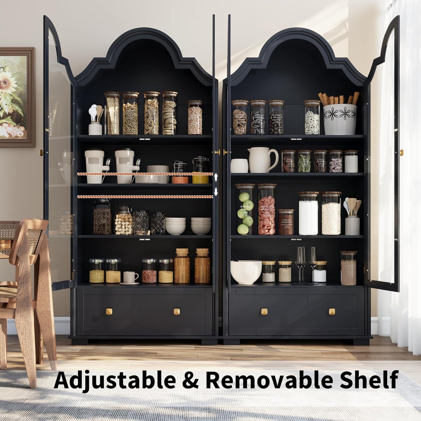 71" Tall Arched Cabinets, Bookcase with Storage, Mid-Century Modern 4-Tier Bookshelf with Glass Door, Display Cabinet with Large Drawer & Adjustable Shelf, Curved Pantry Cabinet, Black (Black)