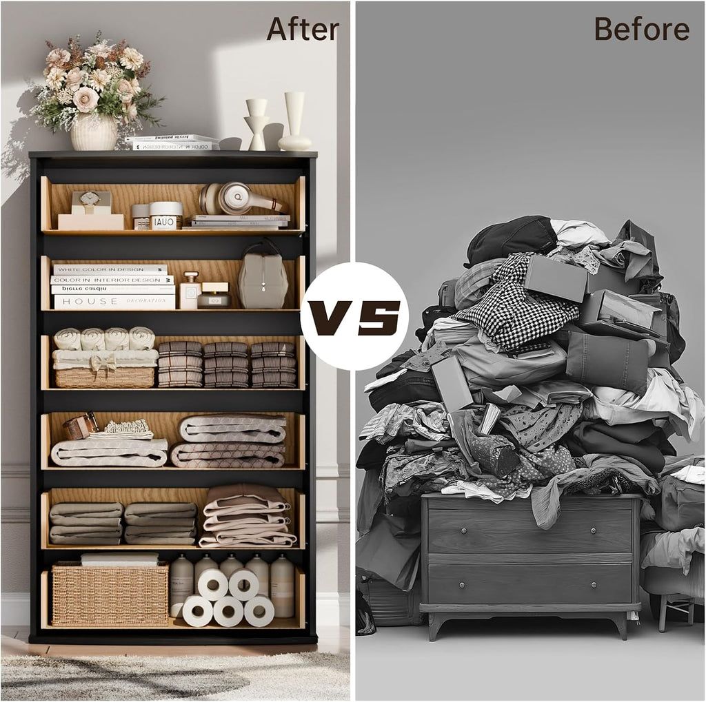 Tall Black Dresser with 6 Drawers, Fluted Chest of Drawers with Curved Tabletop, Black and Gold Vertical Dresser with Metal Handle, Modern Storage Wooden Dressers for Bedroom, Living Room (Black)