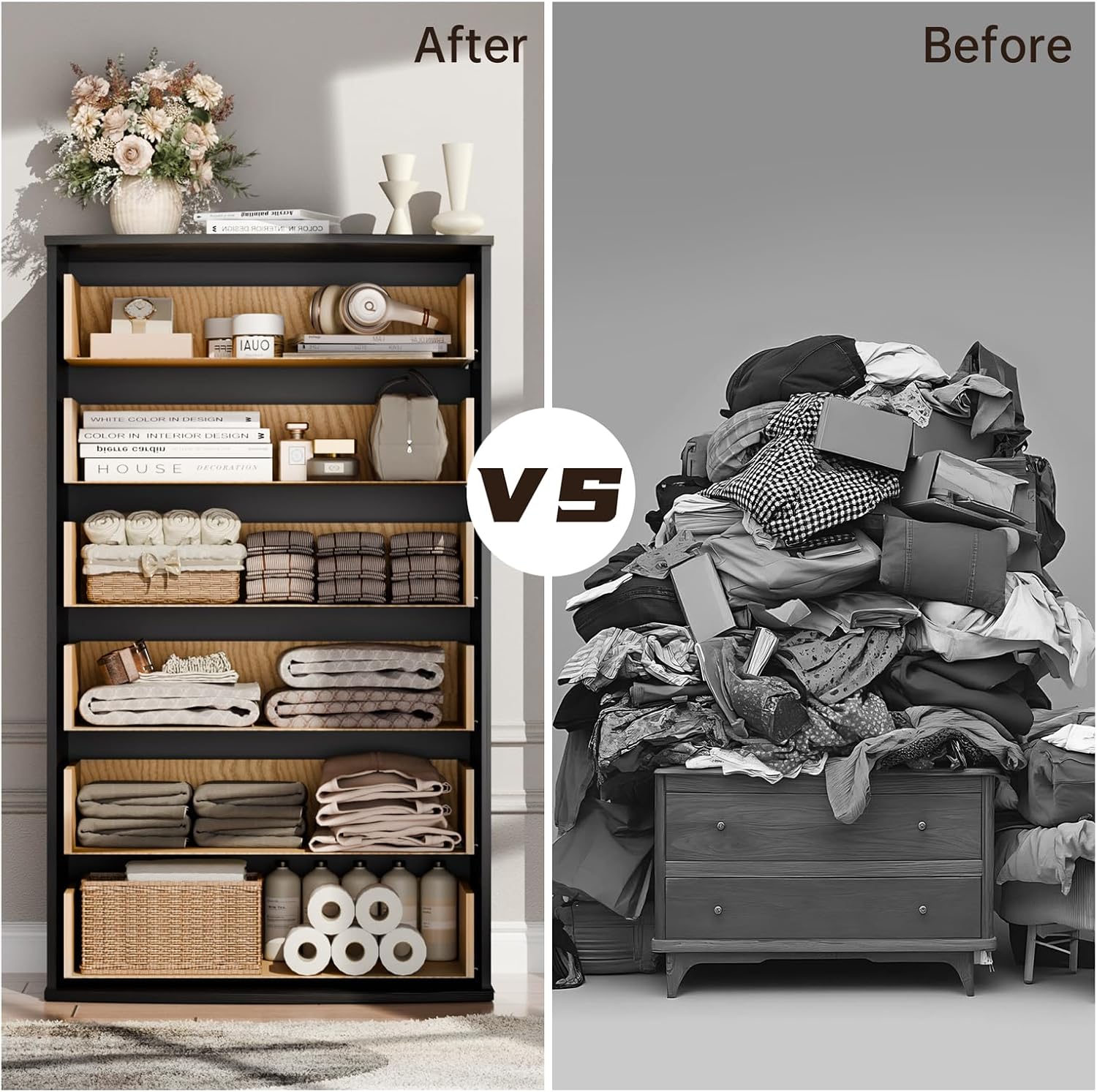 Tall Black Dresser with 6 Drawers, Fluted Chest of Drawers with Curved Tabletop, Black and Gold Vertical Dresser with Metal Handle, Modern Storage Wooden Dressers for Bedroom, Living Room (Black)