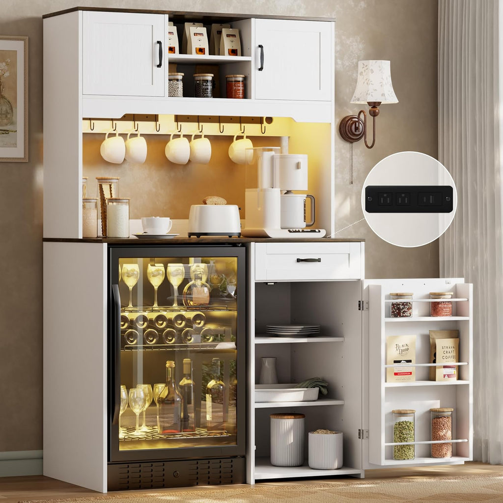 73'' Tall White Coffee Bar Cabinet with Fridge Space & Power Outlet & Led