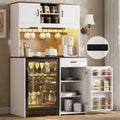 73'' Tall White Coffee Bar Cabinet with Fridge Space & Power Outlet & Led