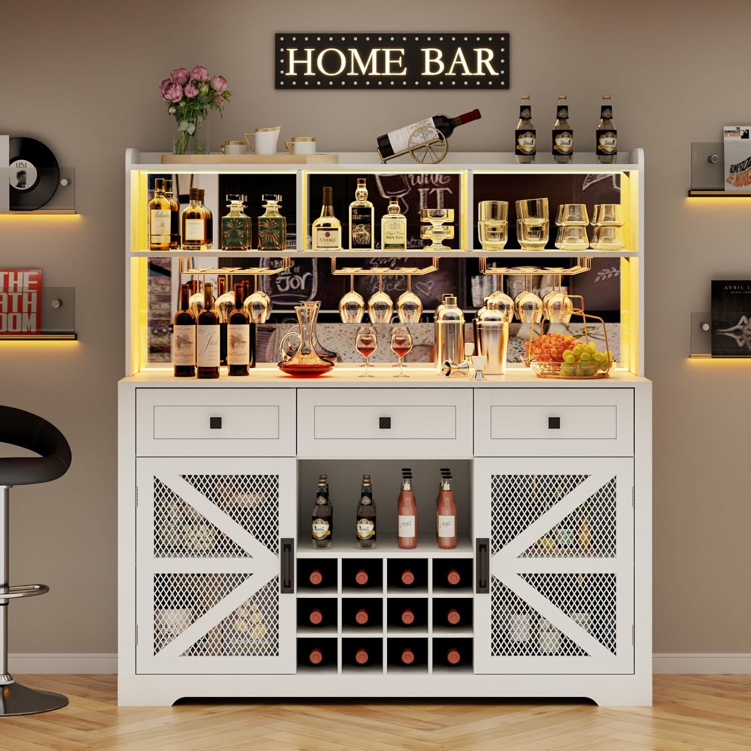 Wine Bar Cabinet with LED Lights, Farmhouse Coffe Bar with Mirror, 3 Drawers & Wine Rack, Kitchen Buffet Sideboard with Storage & Glass Holder, Liquor Cabinet Hutch (53.66" Tall)